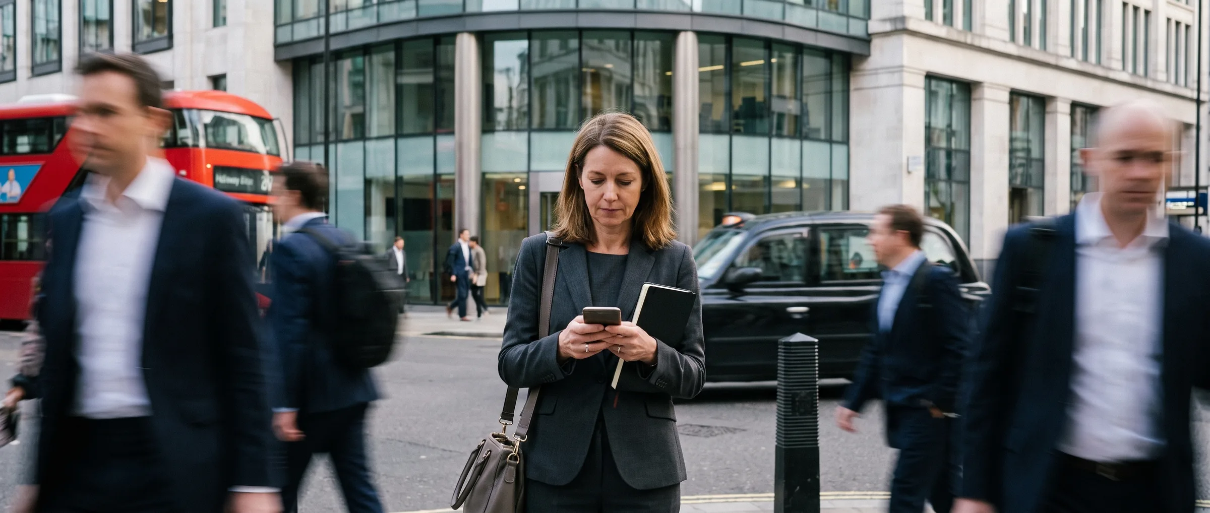 A managing partner stopped on a busy London street, reading one question on her phone while commuters blur past