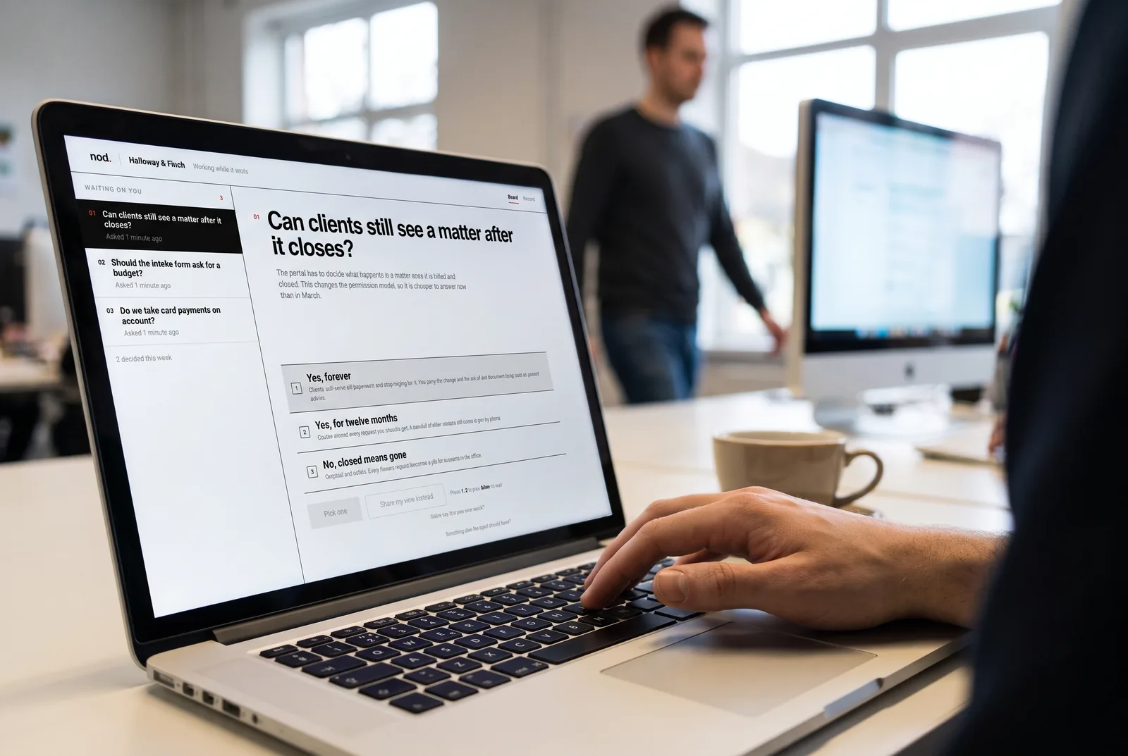 A developer's laptop showing the desktop board: queue down the left, one call at full size on the right