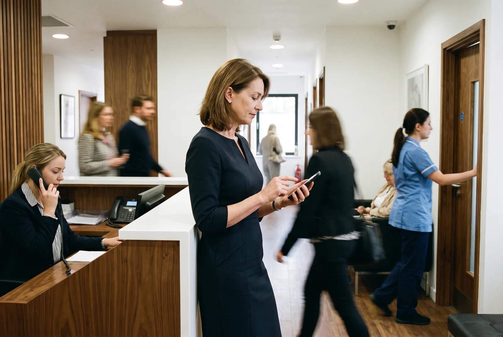 A clinic director at a busy reception desk, glancing at a question on her phone between patients